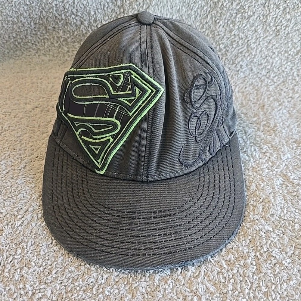 DC Comics Superman Cursive Writing‎ Raised Embroidery Flat Bill Baseball Cap Hat